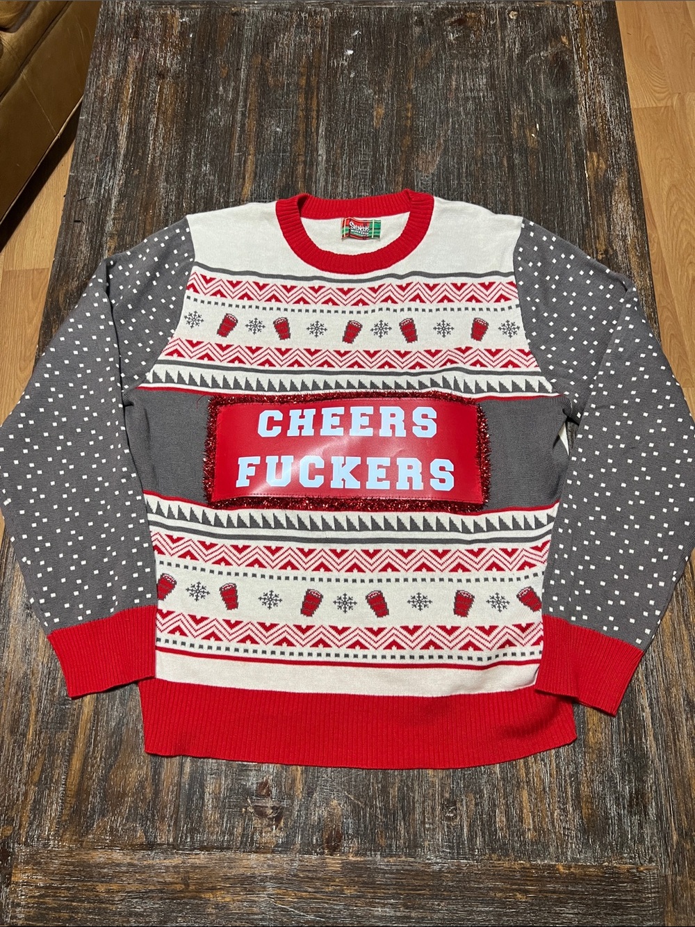 Spencer's Red, Gray & White 'CHEERS FUCKERS' Holiday Crewneck Sweater